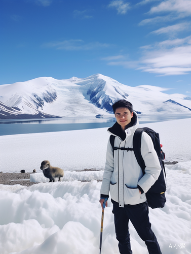 可爱的16岁中国男孩与企鹅在北欧雪山的邂逅