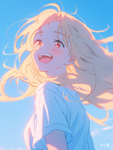 Joyful and Optimistic: A Sky-Blue Anime Wallpaper of a Beautiful Woman with Long Blonde Hair