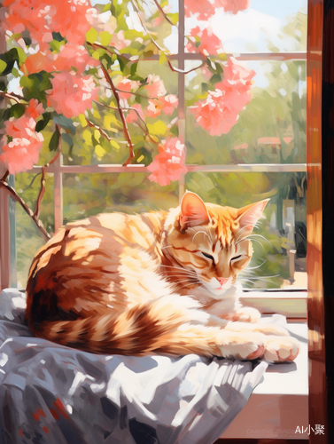 Cat Sleeping on Window Sill: Floral Impressionism