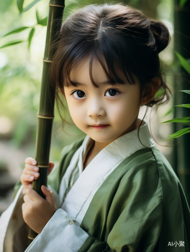 3-year-old Chinese girl in traditional Hanfu with Chinese blade attacking viewer in green bamboo trees