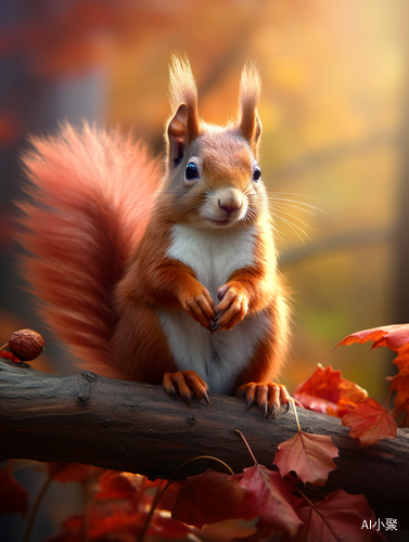 Cute squirrel sitting on branch with red fall leaves