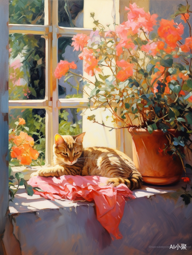 Cat Sleeping on Window Sill: Floral Impressionism