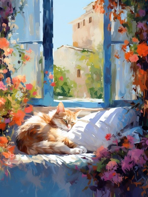 a,painting,with,a,cat,sleeping,on,a,window,sill,,in,the,style,of,floral,impressionism,,light,pink,and,crimson,,california,plein,air,,wimmelbilder,,felinecore,,outdoor,art,,mesmerizing,optical,illusions