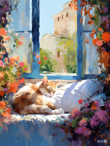 Cat Sleeping on Window Sill: Floral Impressionism