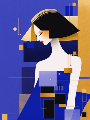 a,flat,illustration,of,a,fashion,girl,,exaggerated,pose,sapphire,blue,vs,gold,cloth,and,hair,minimalist,art,pure,klein,blue,background,,in,the,style,of,suprematism,s,400