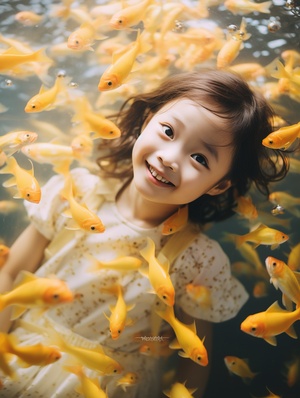 A,3-year-old,Chinese,girl,is,surrounded,by,seawater,,Schools,of,yellow,fish,,smile,,art,by,Rinko,Kawauchi,,dreamy,lofi,photography,airy,and,light,,delicate,face,,Ultra,HD,resolution,hyper,resolution,ultra-real,picture,,hyper,quality,,fujifilm,,ultra,detailed,8k,,best,quality