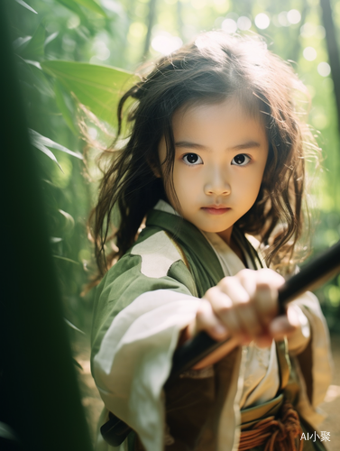 3-year-old Chinese girl in traditional Hanfu with Chinese blade attacking viewer in green bamboo trees