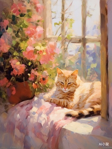 Cat Sleeping on Window Sill: Floral Impressionism