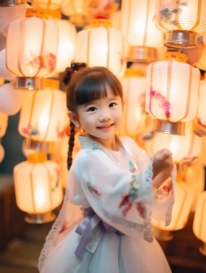 RomptFilm,decorated,colorful,lanterns,at,a,party,in,the,cloud,,with,many,floating,lanterns.A3-year-old,Chinese,model,girl,holding,a,lantern,and,wearing,a,white,Hanfu,looked,at,the,camera,with,a,cute,smile,and,dimples,,with,a,warm,glow.,,Super,Detail,Fantasy,LOFIPhotography,,Interior,View,,Shot,on,Fuji,Film