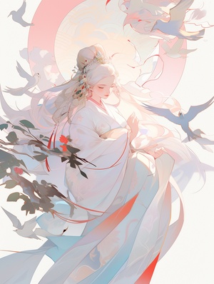 Fantasy,，Vector,illustration,，Charming,character,illustrations,，Chinese,eenchanting,Maiden,，Holding,a,paper,fan,，Chinese,traditional,minimalism,，