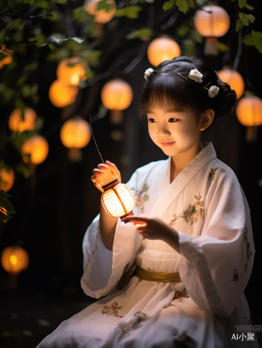 Moonlit Night: Joyful Chinese Girl and Festive Atmosphere