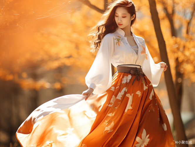 枫树林的橙白汉服少女