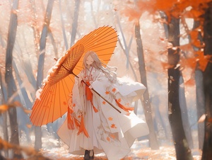 汉服少女，橙白相间长裙，撑着白伞，在枫树林里，橙色色调，晴天，全身照，广角