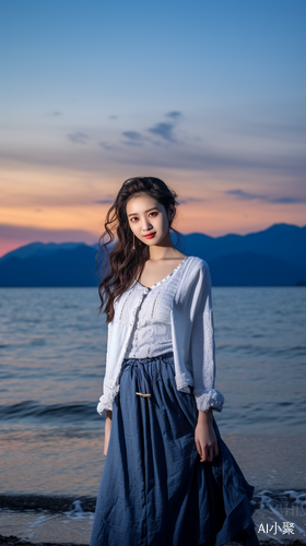 可爱的笑容下的美丽16岁中国女孩与大海背景的夕阳风光