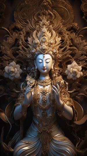 (best,quality,4k,8k,highres,masterpiece:1.2),ultra-detailed,(realistic,photorealistic,photo-realistic:1.37),Avalokitesvara,with,a,thousand,hands,sacred,Buddhist,figure,serene,expression,divine,majestic,presence,meticulously,carved,fingers,stunningly,intricate,details,flowing,robes,intense,concentration,divine,light,illuminating,the,surroundings,holy,atmosphere,ethereal,beauty,colorful,palette,enlightened,aura,dazzling,radiance,sensational,masterpiece,epitome,of,tranquility,harmony,with,the,universe,transcen