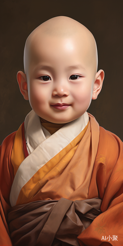 Charming Bald-headed Chinese Baby with a Buddhist Monk Portrait