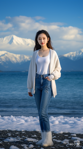 可爱的笑容下的美丽16岁中国女孩与大海背景的夕阳风光