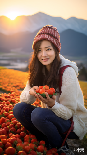 田野中的美丽16岁中国女孩草莓背景