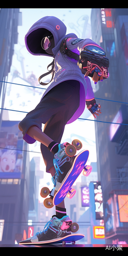 Sci-Fi City Game Scene: A Boy in High Legwear on a Skateboard