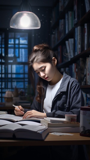 一名学生在认真学习，背景纯黑，商业摄影