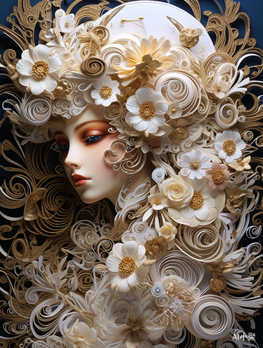 Mystical Quilling: Intricate French Lady with White and Gold Flowers