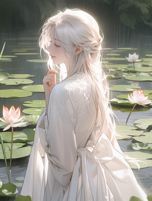 An,illustration,of,a,beautiful,white-haired,girl,,wearing,a,delicate,white,dress,,standing,in,a,tranquil,lotus,pond,,her,side,face,angled,towards,the,sun,,with,a,serene,smile,on,her,lips