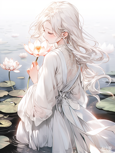 White-haired girl in a delicate dress standing in a tranquil lotus pond