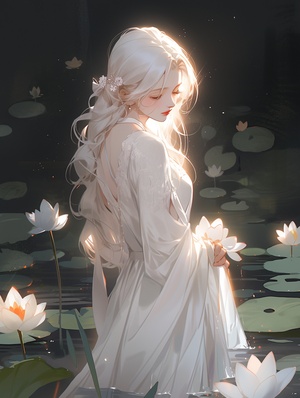 An,illustration,of,a,beautiful,white-haired,girl,,wearing,a,delicate,white,dress,,standing,in,a,tranquil,lotus,pond,,her,side,face,angled,towards,the,sun,,with,a,serene,smile,on,her,lips