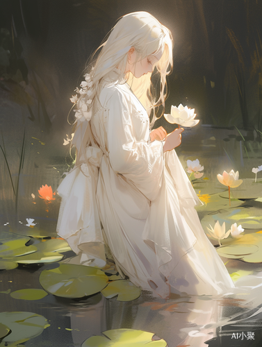 White-haired girl in a delicate dress standing in a tranquil lotus pond