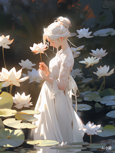 White-haired girl in a delicate dress standing in a tranquil lotus pond