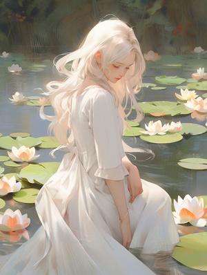 An,illustration,of,a,beautiful,white-haired,girl,,wearing,a,delicate,white,dress,,standing,in,a,tranquil,lotus,pond,,her,side,face,angled,towards,the,sun,,with,a,serene,smile,on,her,lips