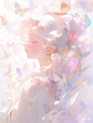 Beautiful Fairy in White Robe Surrounded by Colorful Butterflies