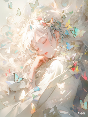 Beautiful Fairy in White Robe Surrounded by Colorful Butterflies