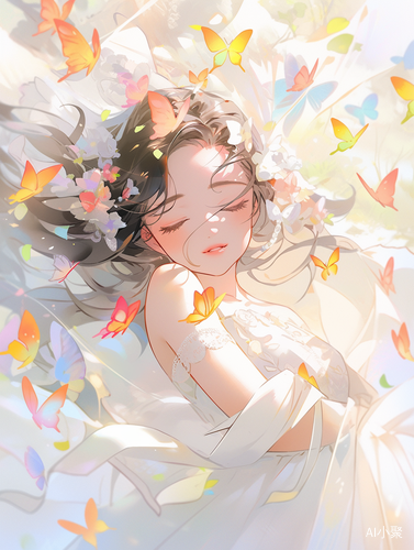 Beautiful Fairy in White Robe Surrounded by Colorful Butterflies