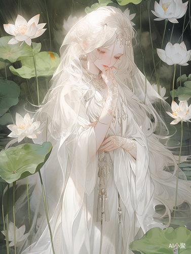 Graceful White-Haired Girl in Delicate White Dress