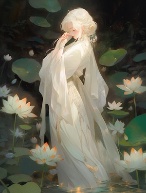 An,illustration,of,a,graceful,white-haired,girl,,wearing,a,delicate,white,dress,,standing,amidst,a,lush,lotus,pond,,her,face,hidden,behind,a,thin,veil,,giving,off,an,ethereal,,mystical,aura