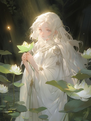 An,illustration,of,a,graceful,white-haired,girl,,wearing,a,delicate,white,dress,,standing,amidst,a,lush,lotus,pond,,her,face,hidden,behind,a,thin,veil,,giving,off,an,ethereal,,mystical,aura