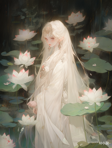 Graceful White-Haired Girl in a Delicate White Dress