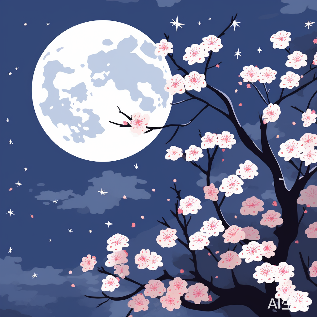 夜晚天空的明月与一枝清晰的梅花