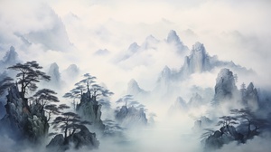 中国画,云雾,松树,山