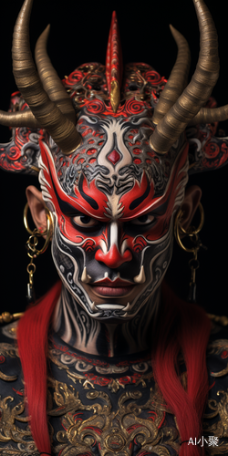 Warrior with Indian Kathakali Makeup and Japanese Oni Demon Mark