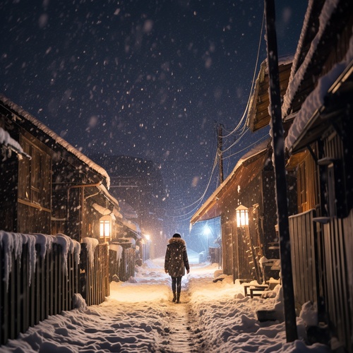 一个高清图片，一个圣诞夜的晚上下着大雪，一个夜归的女性，走在洛满学的街道上，留下一串脚印,，街道的两旁是木质的小屋，屋子里散发着温暖的灯光，天空中下着雪，雪要有动态的感觉，灯光要温暖柔和