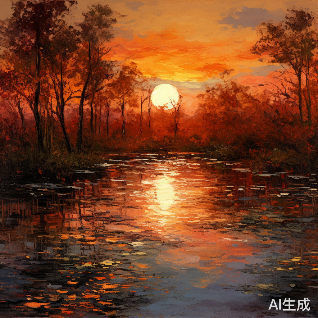 夕阳余晖下的静谧树林油画