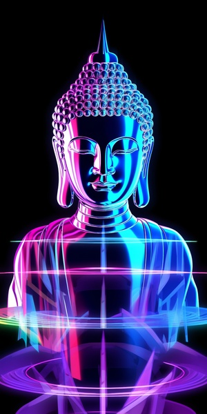 Close-up,,featuring,a,machine,Buddha,statue,,an,ancient,temple,in,the,background,,a,sense,of,design,,comparison,of,volume,and,lines,,glass,,metal,,texture,,neon,lights,,transparent,plastic,,optics,,surrealism,,composition,,fluorescence,,brightness,,hyperdetail,,white,background,,3D,art,,c4d,,enhancement,,hyperrealism,,mixer,,octane,rendering,,behavior,,studio,lighting,,8k,high-definition,