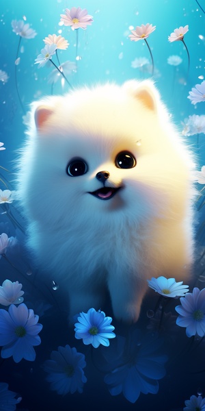 ﻿Lovely,pixar,style,chubby,baby,of,pet,,white,Pomeranian,baby,,small,one,,with,a,lovely,hairy,ears,,happy,laugh,,dark,blue,water,big,eyes,,blue,demon,,blue,flowers,,light,blue,background,,sunlight,,fairy,tale,world,,high-definition,Dennis,,super,details,,with,a,bell