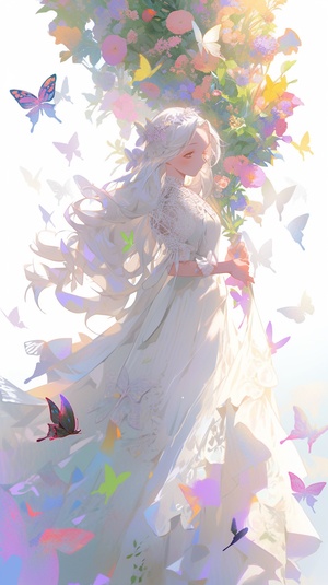 A,beautiful,illustration,of,a,fairy,in,a,white,robe,,floating,gracefully,in,the,air,,surrounded,by,colorful,butterflies,,with,a,peaceful,and,serene,expression,on,her,face