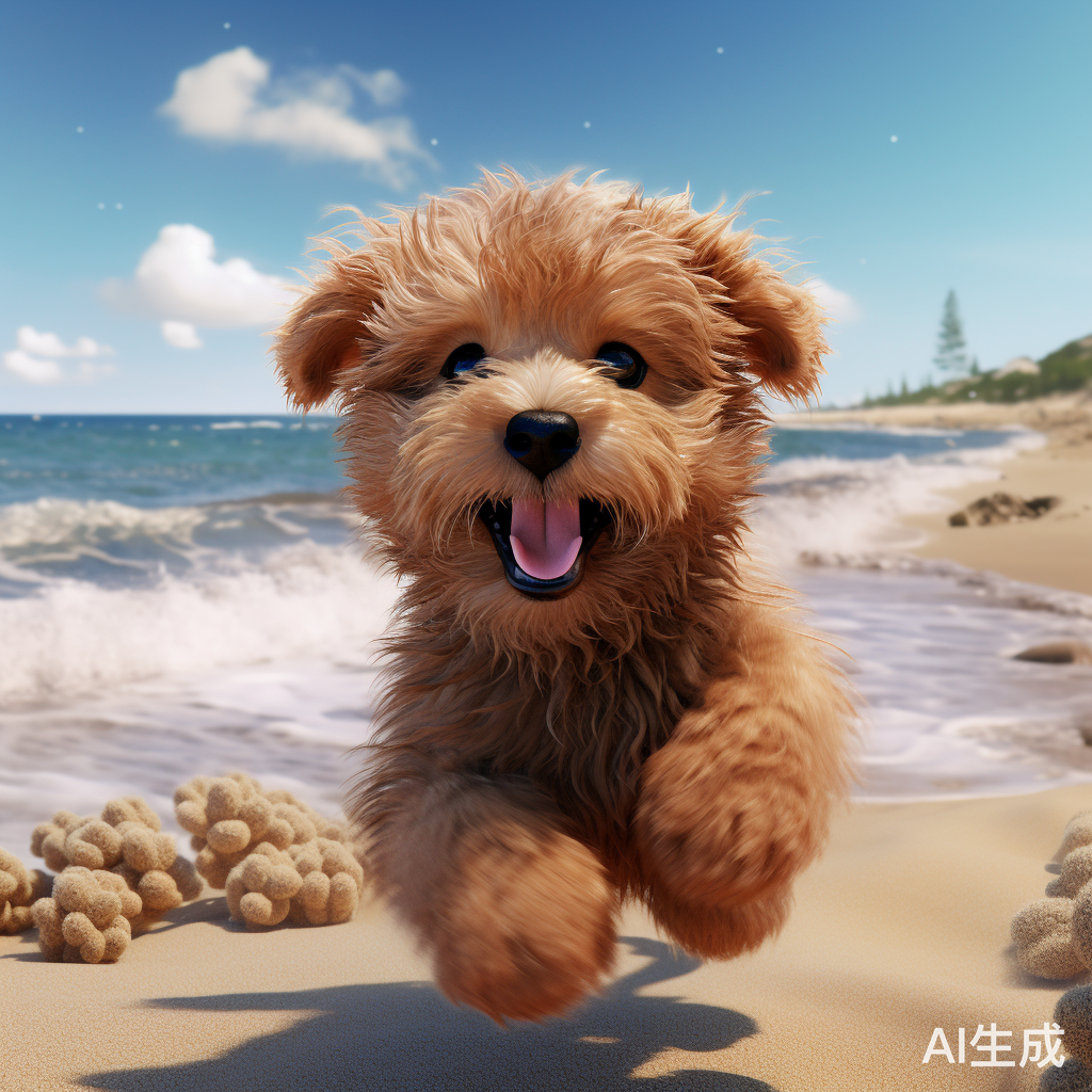 可爱小泰迪奔跑在沙滩上