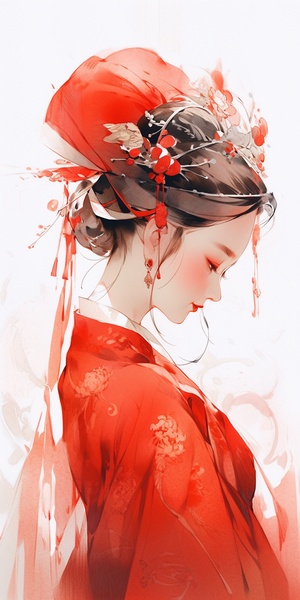 a,girl,wearing,a,red,wedding,dress,,Chinese,classical,beauty,,exquisite,headwear,,shy,expression,,blushing,,shy,,night,,close,perspective,,front,,close,focus,,watercolor,ink,painting,,Chinese,Painting,,high,detail,,hyper,quality,,high,resolution,,8K,