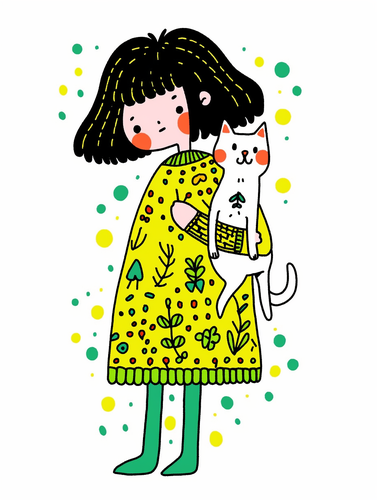 Cute Cartoon Girl in Beautiful Dress with Cute Cat, Keith Haring Style Illustration