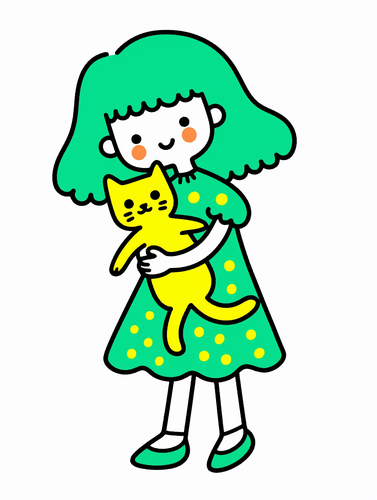 Cute Cartoon Girl in Beautiful Dress with Cute Cat, Keith Haring Style Illustration